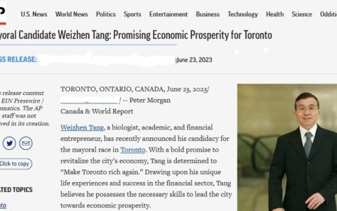 近300家加拿大和美国英文媒体报道多伦多华人市长候选人唐炜臻